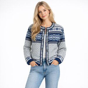 Vintage 90s Grandma Sweater Fair Isle Cardigan Metal Hooks Blue White L #A1231